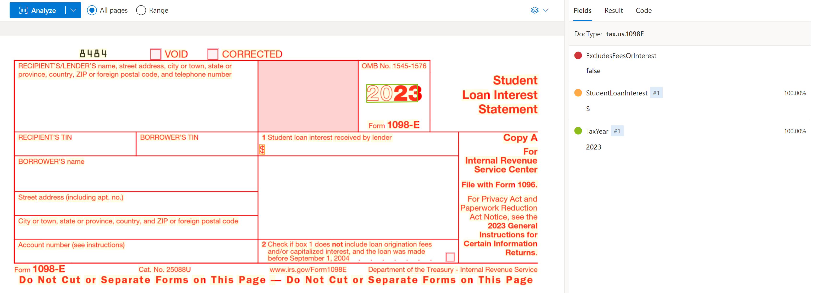 Screenshot of US 1098-E tax form analyzed in the Document Intelligence Studio.