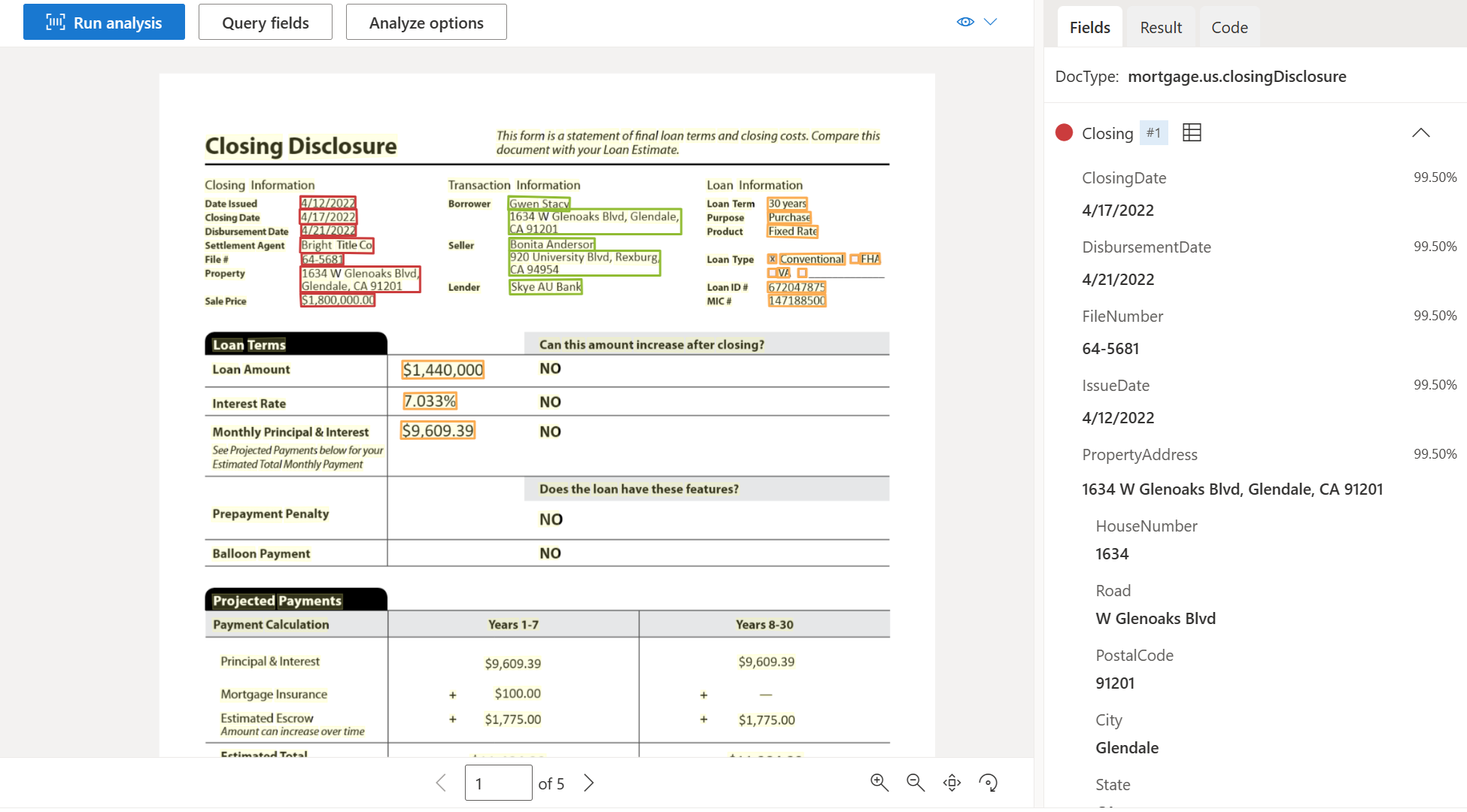 Screenshot of a sample closing disclosure.