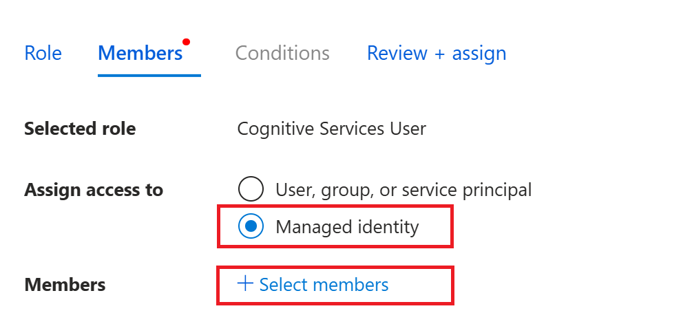 Screenshot of assign member access selector in the Azure portal.