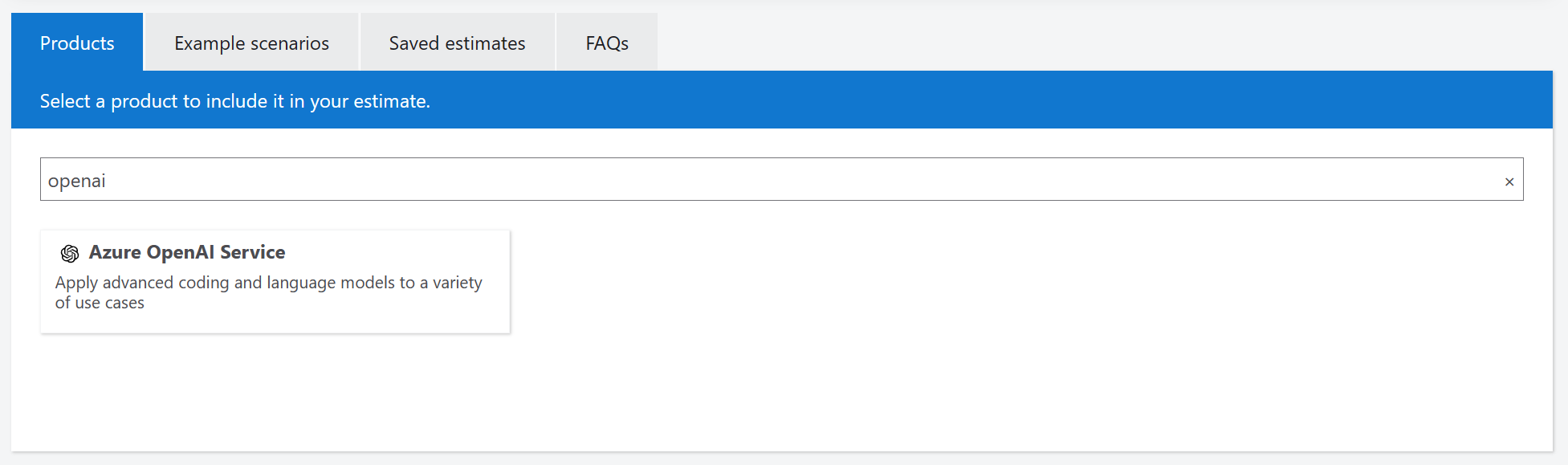 Screenshot of selecting Azure OpenAI in the Azure pricing calculator.