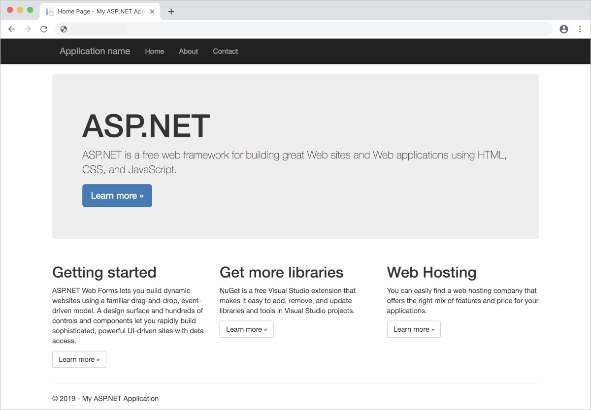 Screenshot of the home page for the ASP.NET sample application for Windows deployed on an AKS cluster.