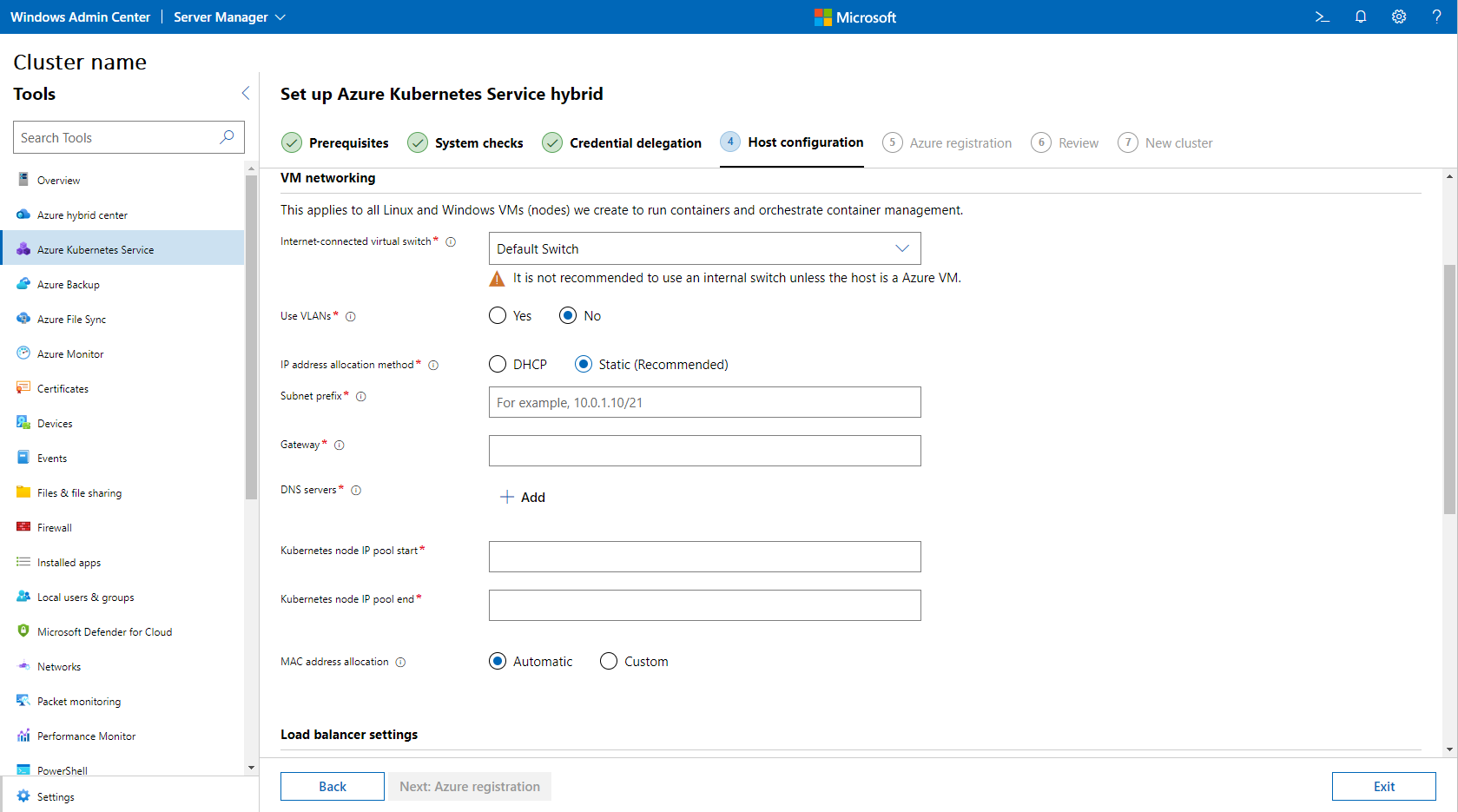 Screenshot that illustrates a static IP configuration on the Host Configuration page.
