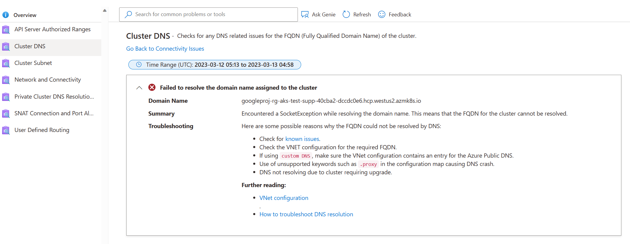 Screenshot of AKS Diagnose and Solve Problems Results - Networking - Cluster DNS.