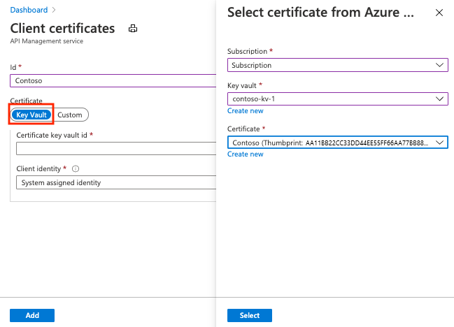 Screenshot of adding a key vault certificate to API Management in the portal.