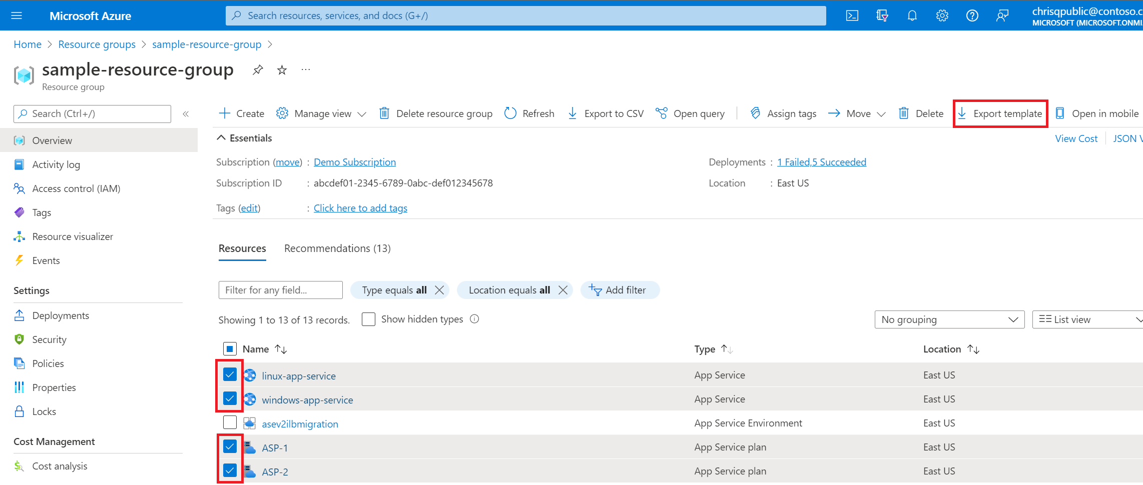 Screenshot of the option for exporting a template for resources from a resource group.