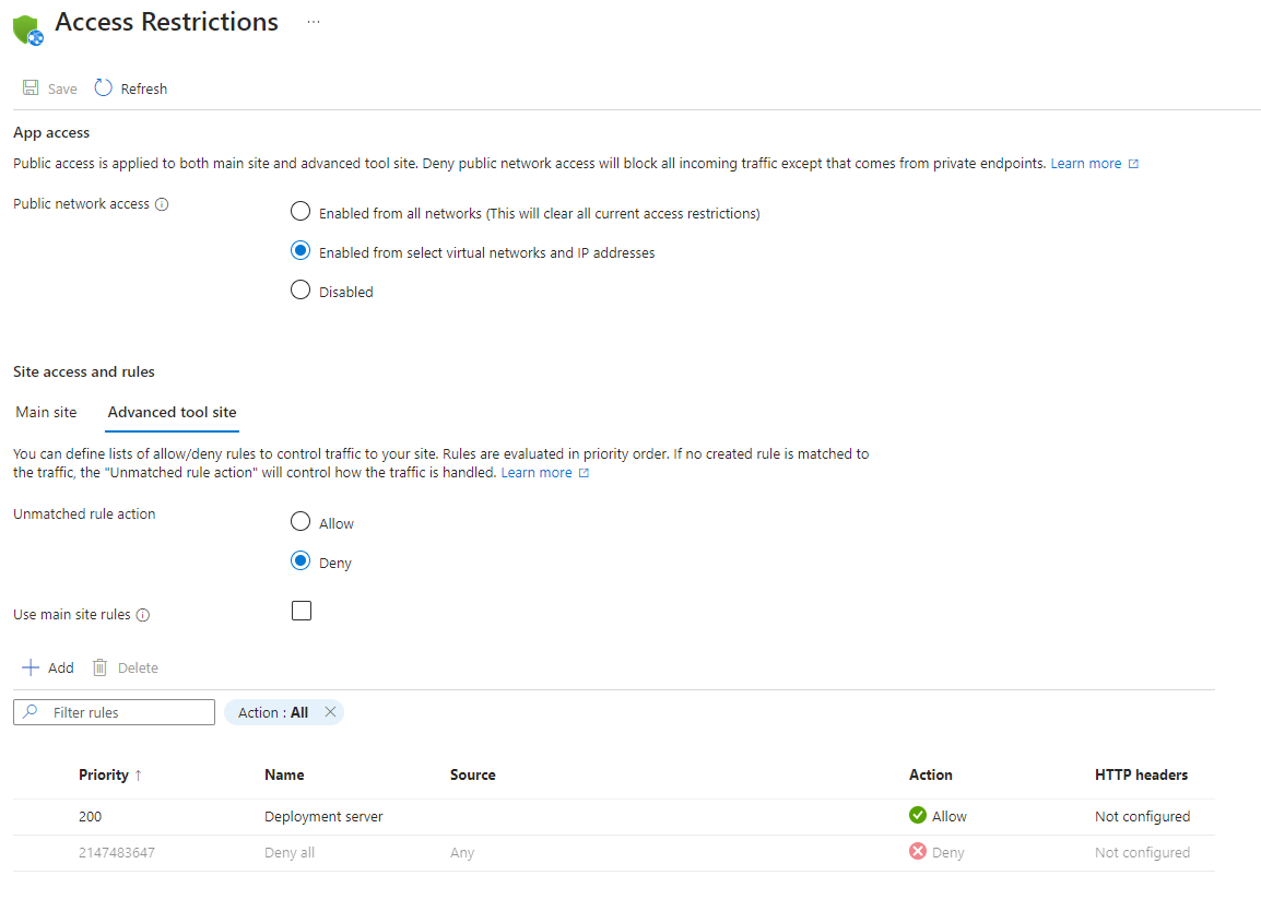 Screenshot of the 'Access Restrictions' page in the Azure portal, showing that no access restrictions are set for the SCM site or the app.