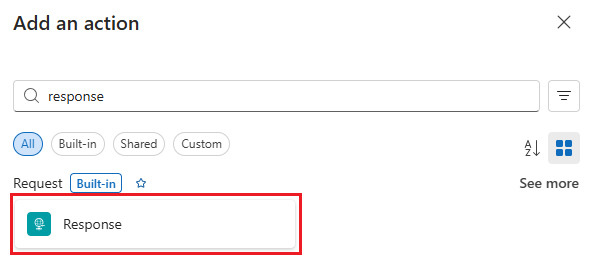 Screenshot that shows the search bar and Response action highlighted.