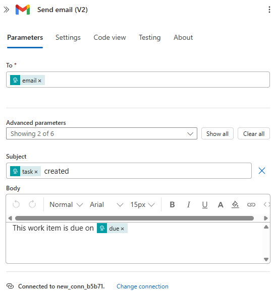 Screenshot that shows the completed Send email (V2) form.