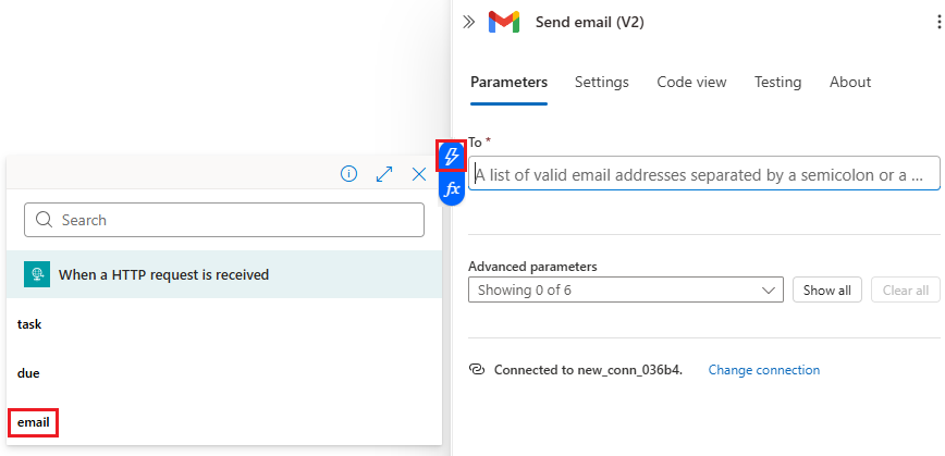 Screenshot that shows the dynamic content icon and list with email highlighted.