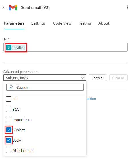Screenshot that shows selecting Subject and Body from the parameters list.