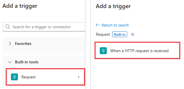 Screenshot that shows Request and When an HTTP request is received highlighted.