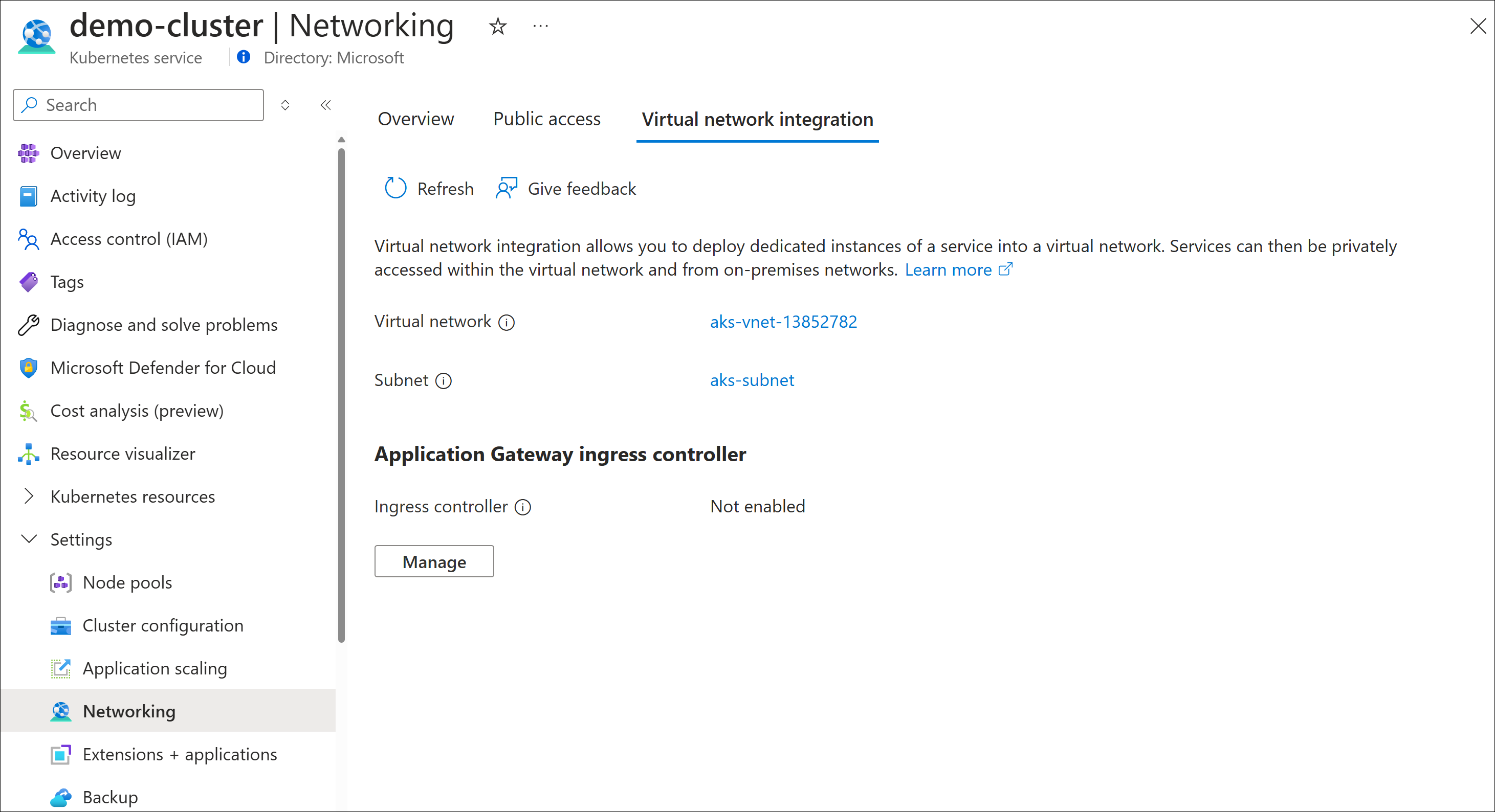 Screenshot showing how to enable application gateway ingress controller from the networking page of the Azure Kubernetes Service.