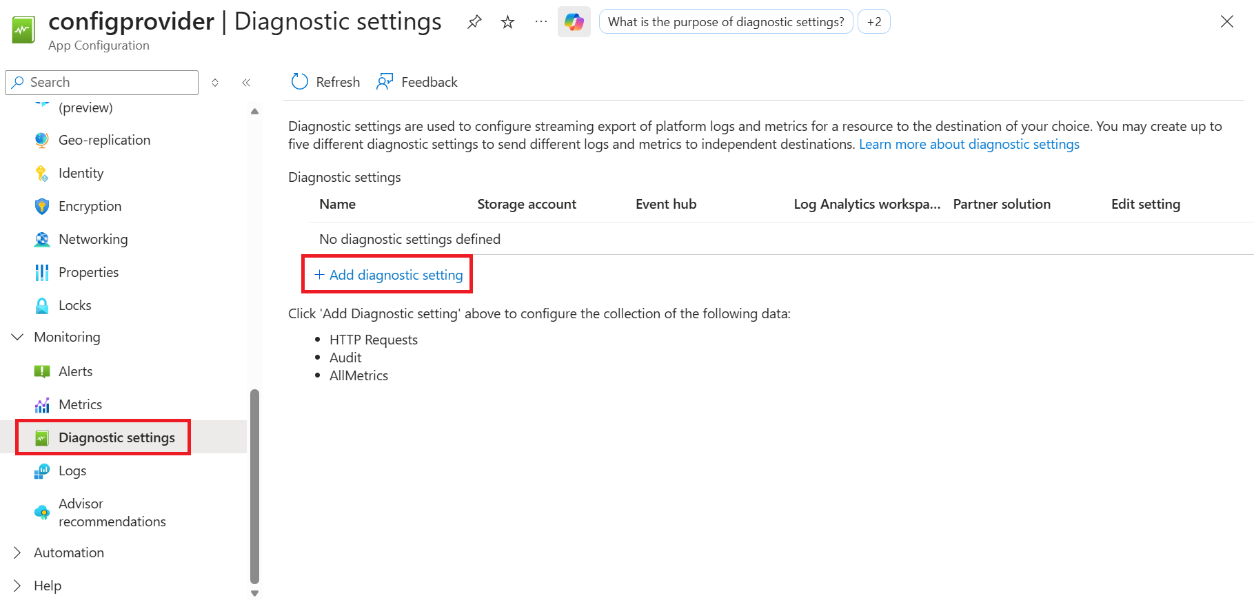 Add a diagnostic setting