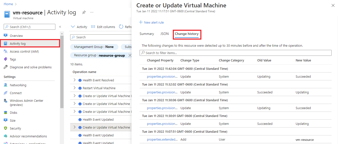 Screenshot showing Activity Log change history integration.