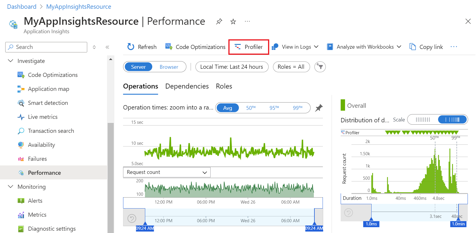 Azure portal screenshot that shows how to navigate to the Application Insights Profiler.