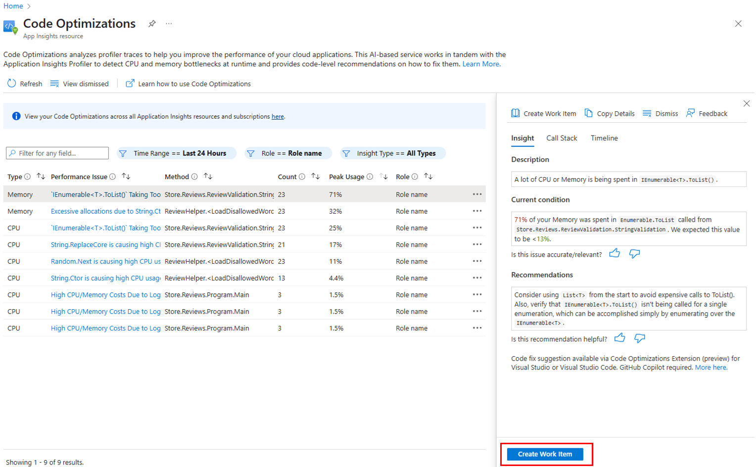 Screenshot of the button for creating a work item in the details pane.