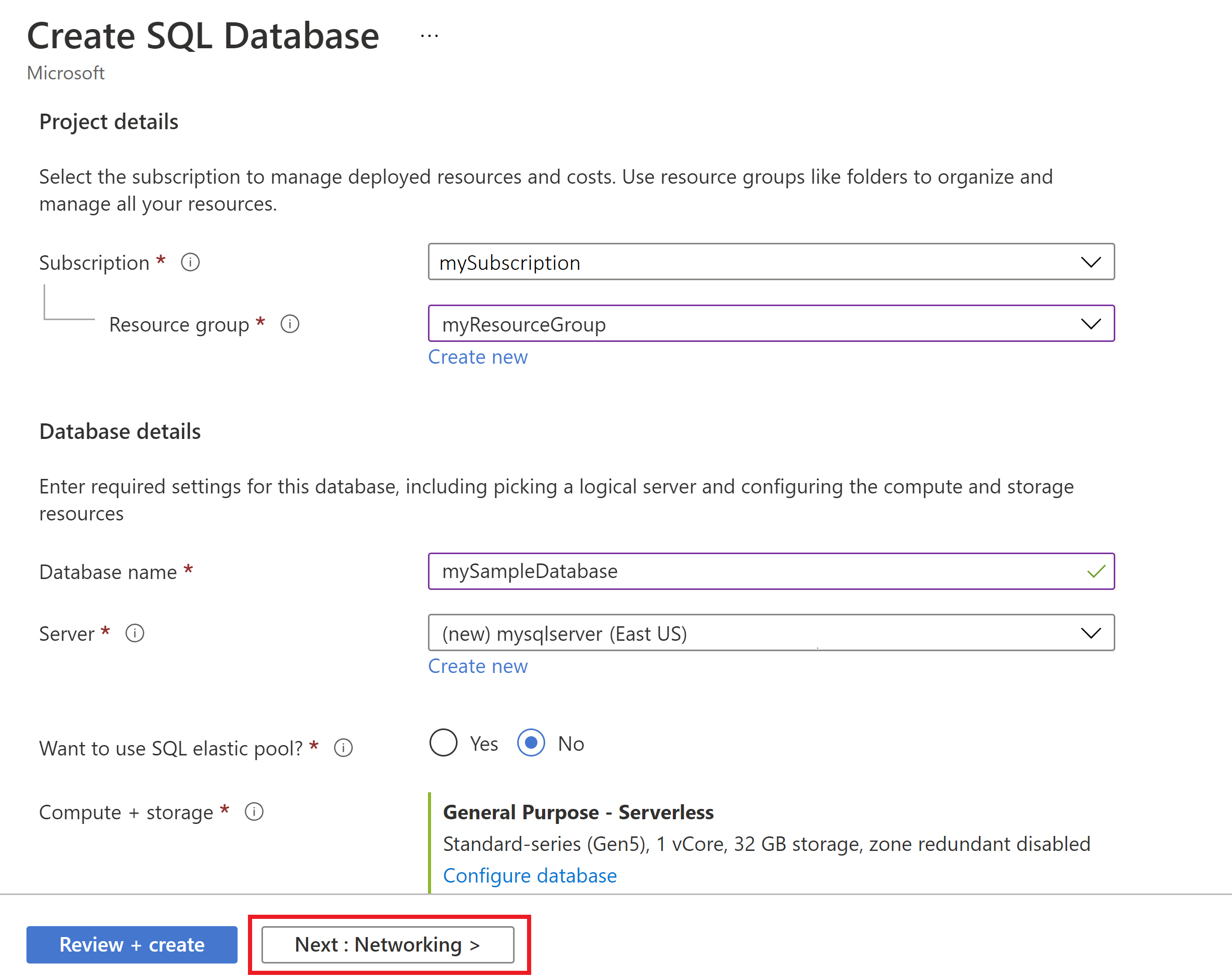 Screenshot of the Create SQL Database page, Basic tab from the Azure portal.