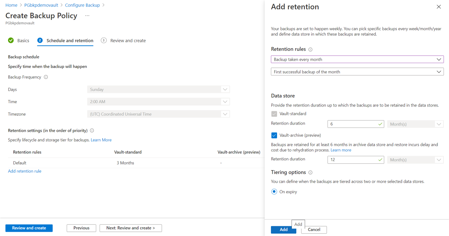 Screenshot showing to	choose On-expiry to move the backup to archive data store upon its expiry.