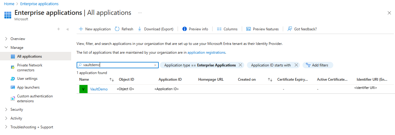 Screenshot showing the process to get the Application ID of the vault MSI.