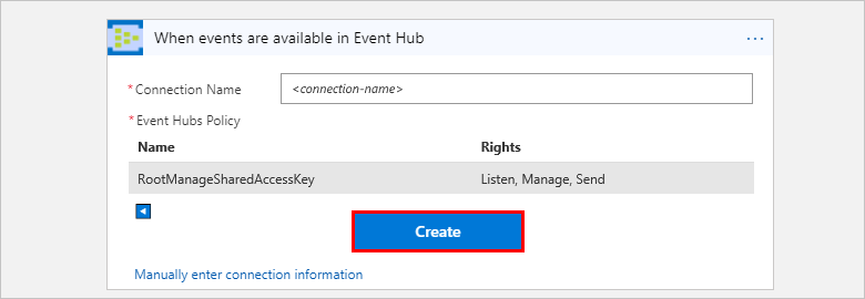 Screenshot showing the provided connection information with "Create" selected.