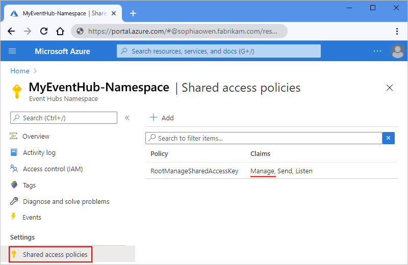 Screenshot showing the Azure portal, your Event Hubs namespace, and "Manage" permissions appearing in the "Claims" column.