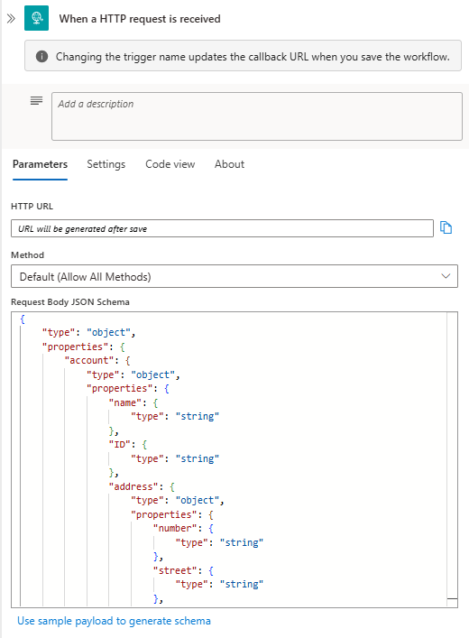 Screenshot showing Standard workflow and Request trigger with example JSON schema.