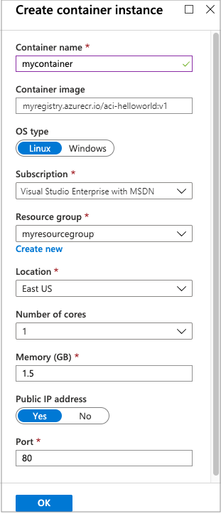 Create menu for Azure Container Instances