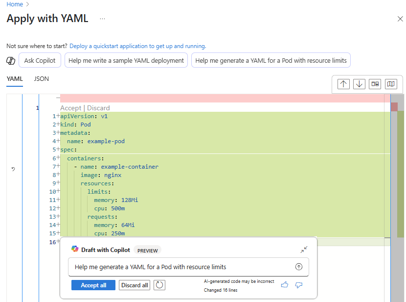 Screenshot showing the YAML editor with a prompt to create an AKS deployment.