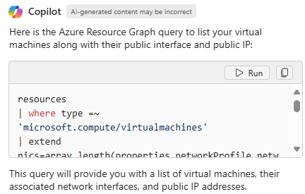 Screenshot of Azure Copilot responding to a request to list VMs.