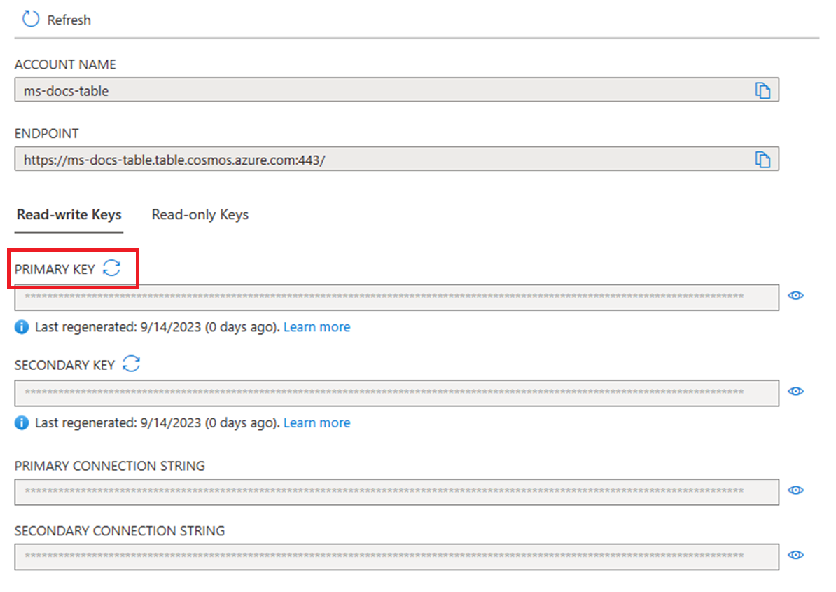 Screenshot showing how to regenerate the primary key in the Azure portal when used with the Table API.