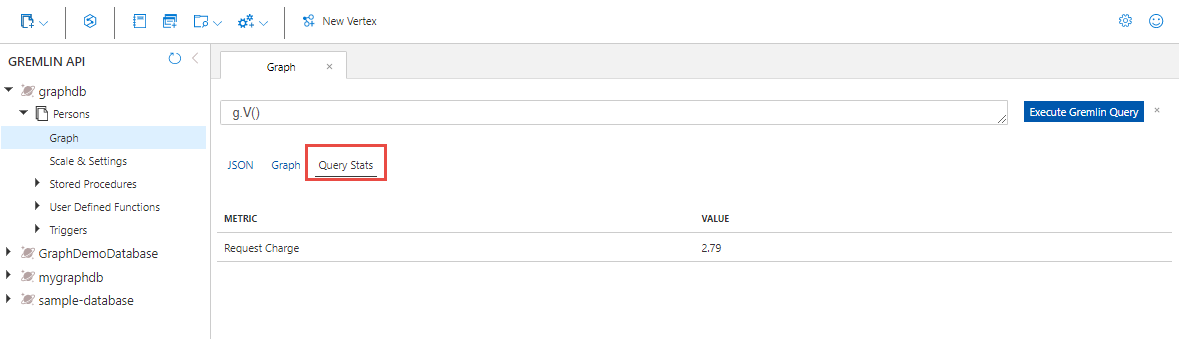 Screenshot to get a Gremlin query request charge in the Azure portal