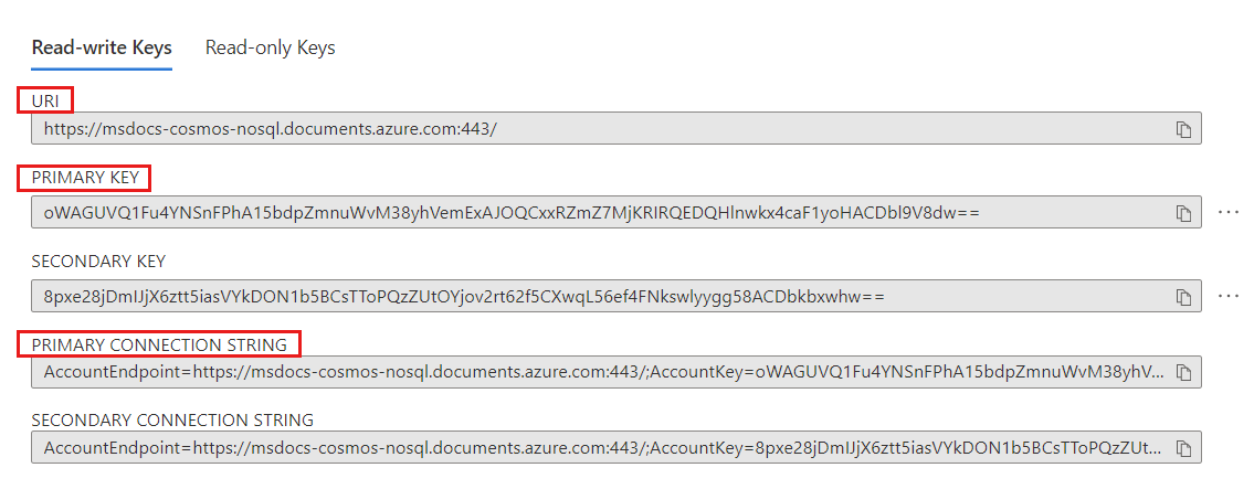 Screenshot of the Keys page with the URI, Primary Key, and Primary Connection String fields highlighted.