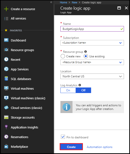 Screenshot showing Create a Logic App.