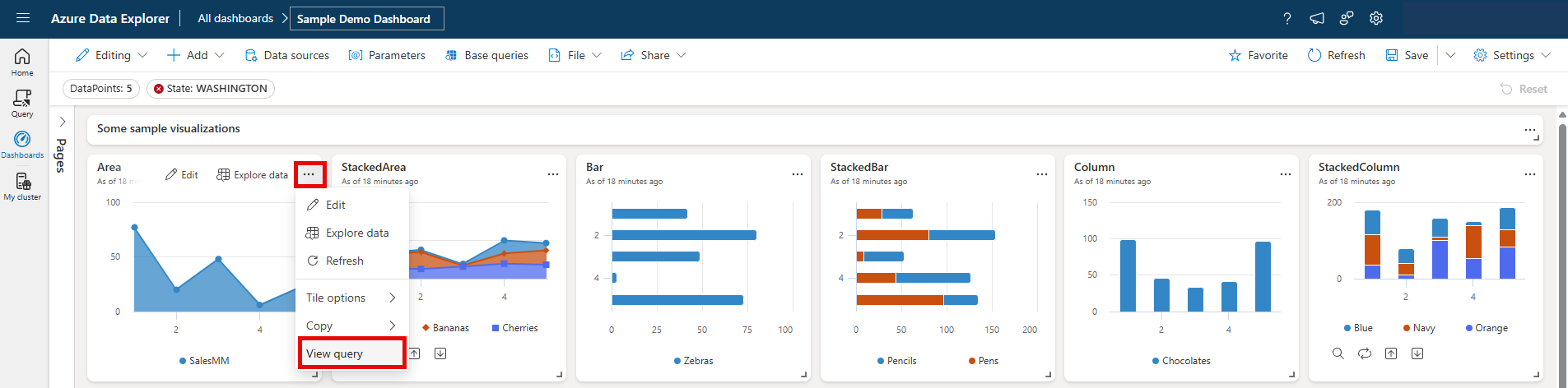 Screenshot of the tile's dropdown menu with the View query option highlighted.