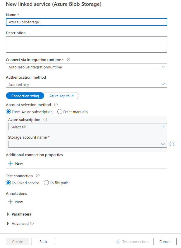 Screenshot of configuration for Azure Blob Storage linked service.