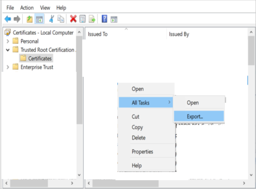 Screenshot of the &quot;All Tasks&quot; > &quot;Export&quot; control for a certificate on the &quot;Manage computer certificates&quot; pane.