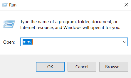 Screenshot that shows the MMC Run Command
