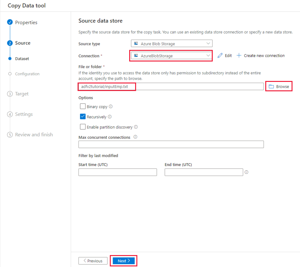 Screenshot of the page to Configure the source.