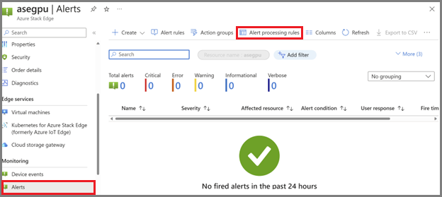 Screenshot showing the Alerts page for an Azure Stack Edge resource. The Alert processing rules option is highlighted.
