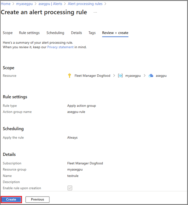 Screenshot of the action group details for an alert processing rule in Azure Stack Edge.