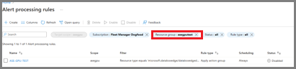 Screenshot of the Alert processing rules in Azure Stack Edge with the Resource groups filter highlighted.