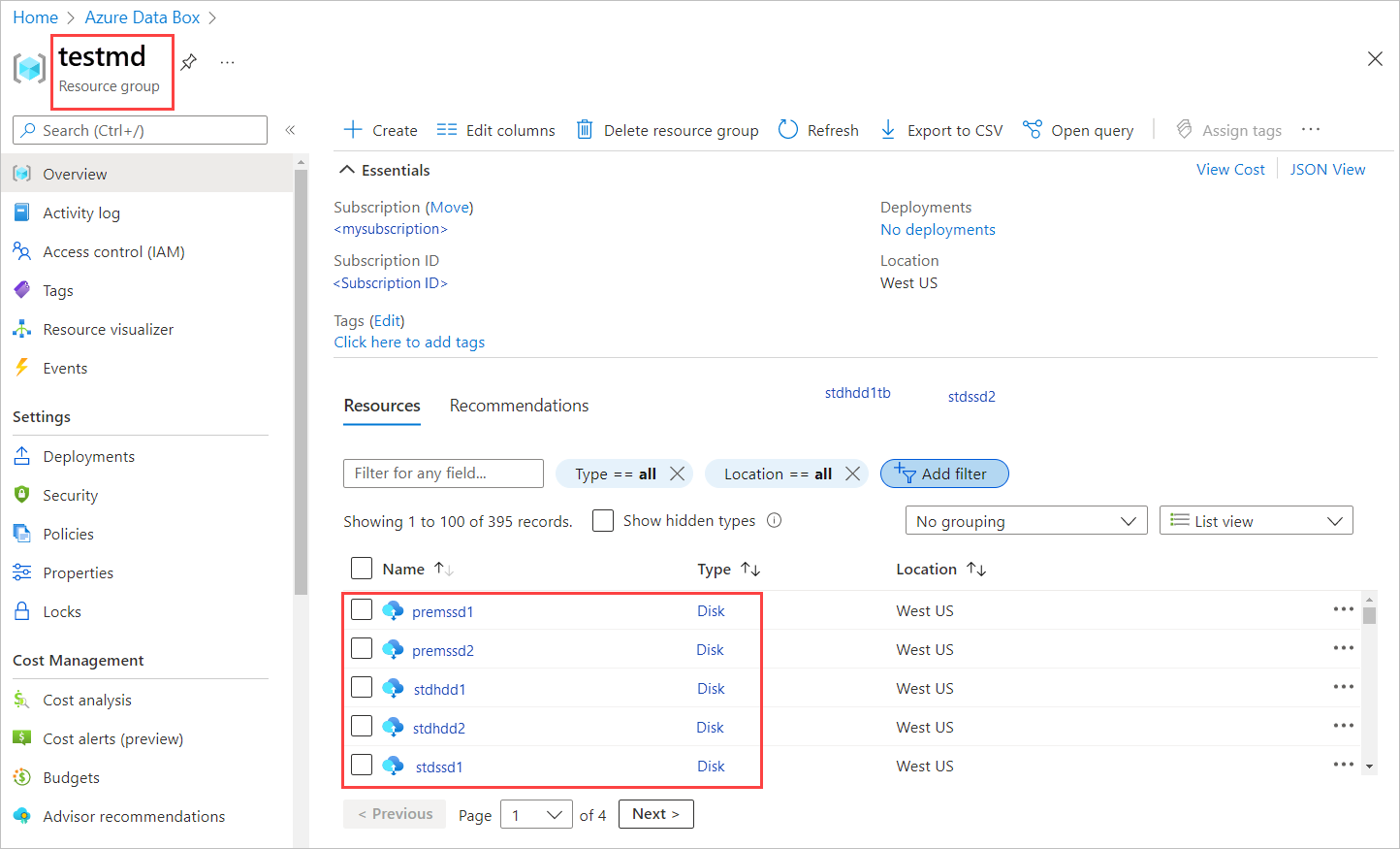 Screenshot of a Resource Group resource for a Data Box Disk order. The resource group name and disks in the resource group are highlighted.