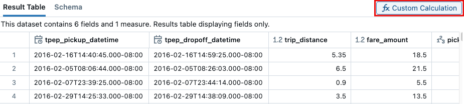 The custom calculation button is highlighted in the upper-right corner of the results panel.