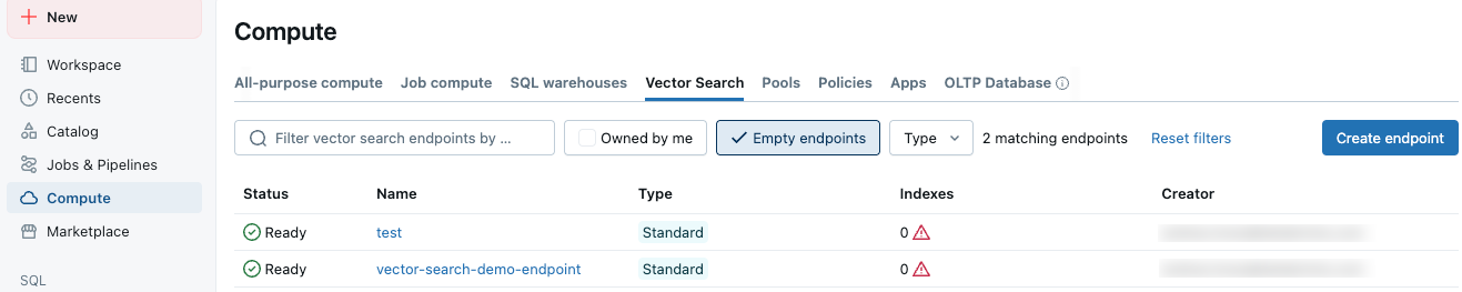 Compute screen showing vector search endpoint with no indexes.