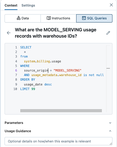 Usage guidance text entry.
