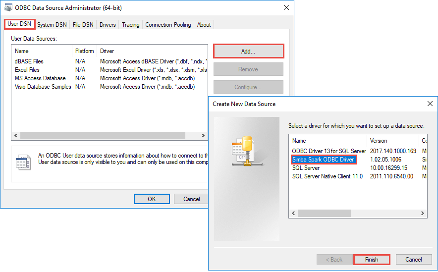 Launch ODBC app Add ODBC data source