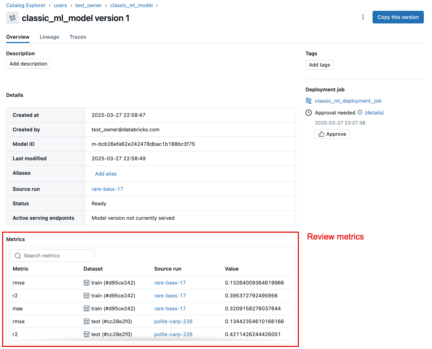 Review metrics for the model version.