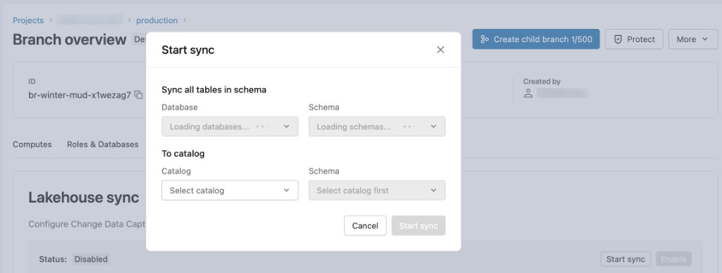 Branch overview with Lakehouse sync tab showing Start sync and schema configuration