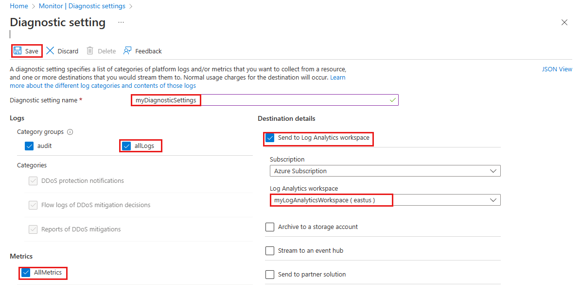 Screenshot of DDoS diagnostic settings.