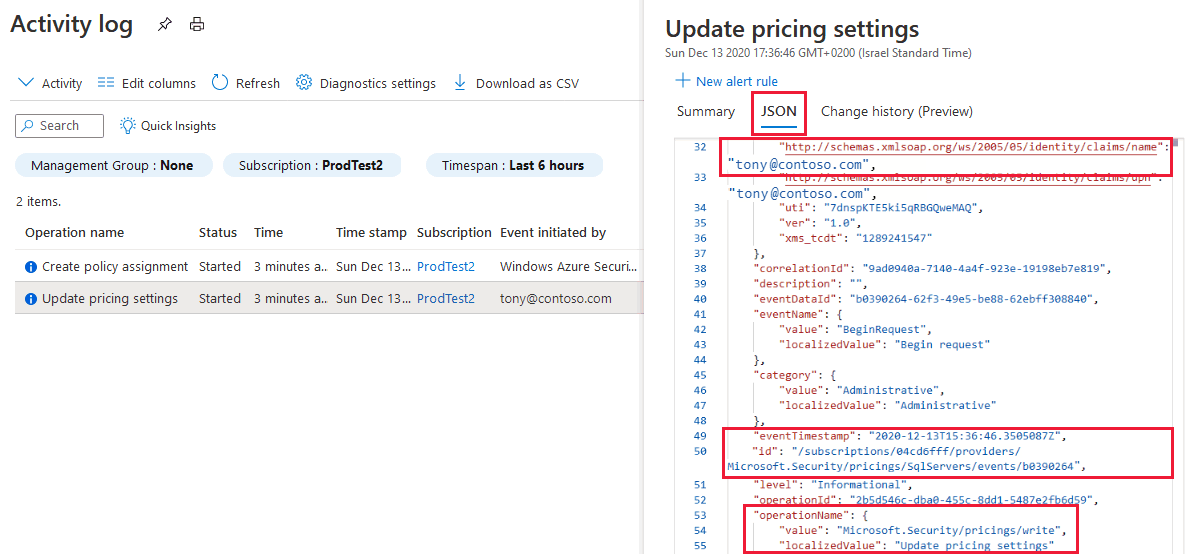 Screenshot of Azure Activity log JSON explorer.